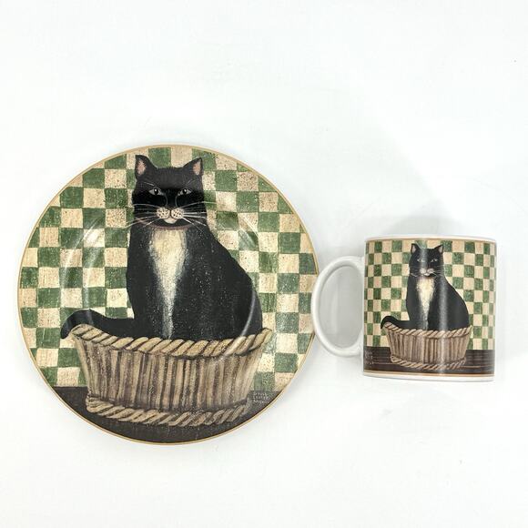 VTG 2004 Country Kitties Set/2 Coffee Mug Dessert Plate Black Cat DC Brown Co. - Picture 1 of 10